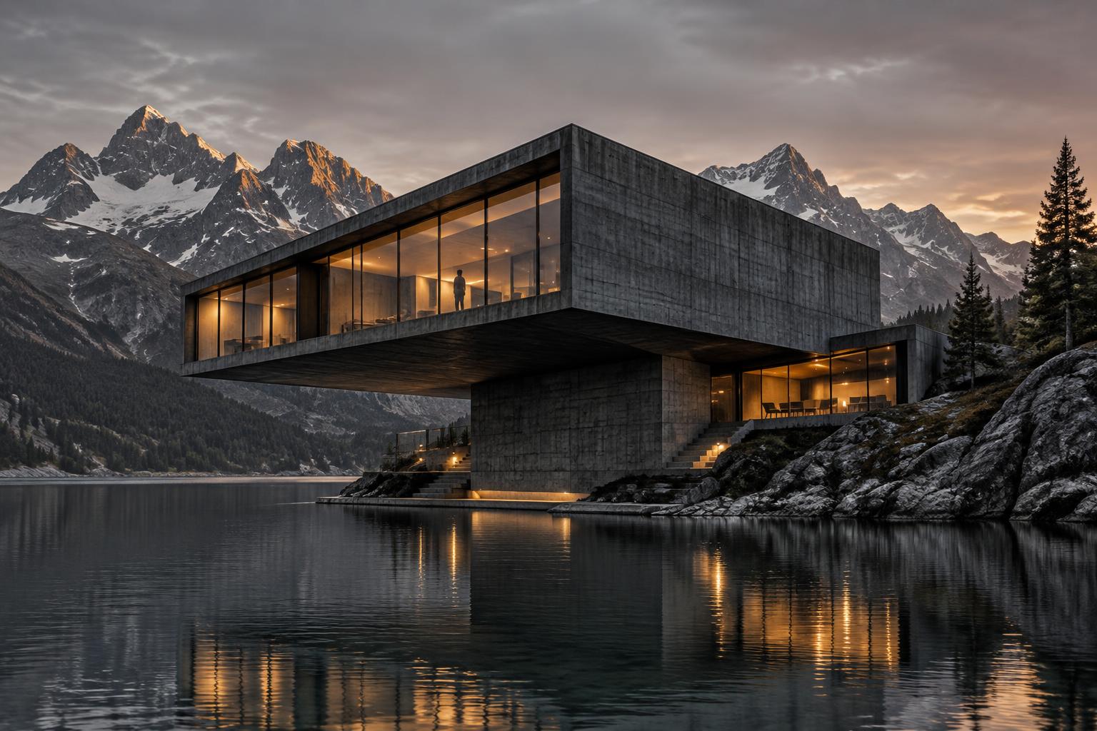 Monolithisches Gebäude am alpinen See mit warm beleuchteten Glasfronten